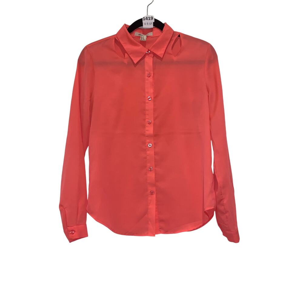Collared long sleeve, cutouts, button-up shirt, Forever, M, neon pink and coral